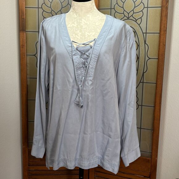 J. Jill Blue Rain Chambray Lace-up Pullover Peasant Pop Over Blouse Top Size L - Picture 1 of 13